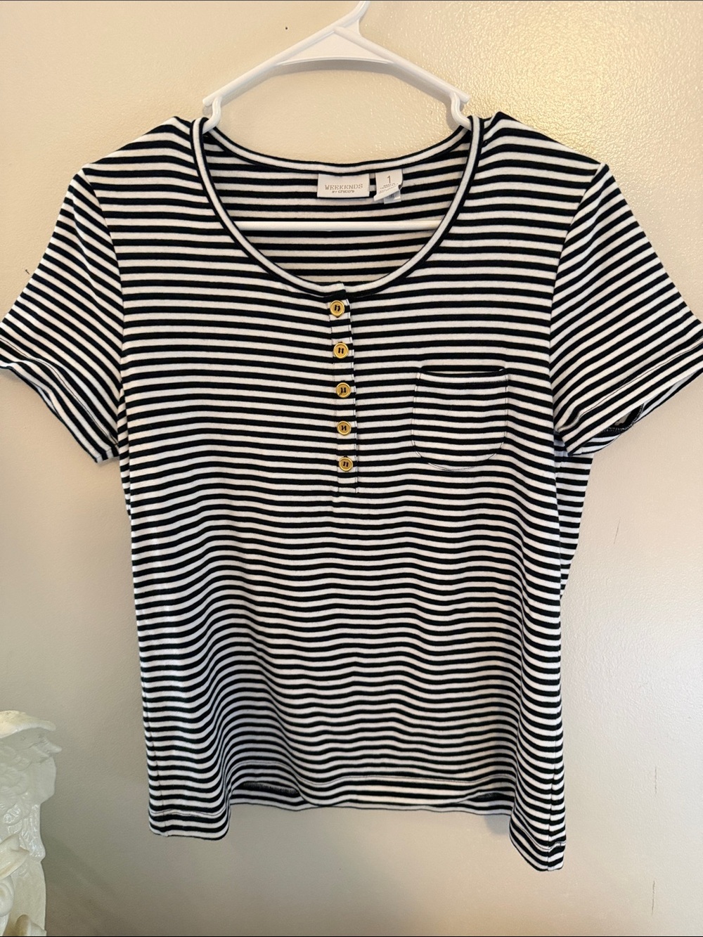 Chico's Black and White Striped Short Sleeve Henley Top